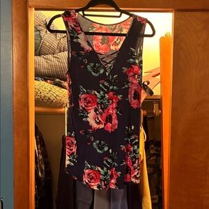 Floral Sleeveless Top - Navy and Pink